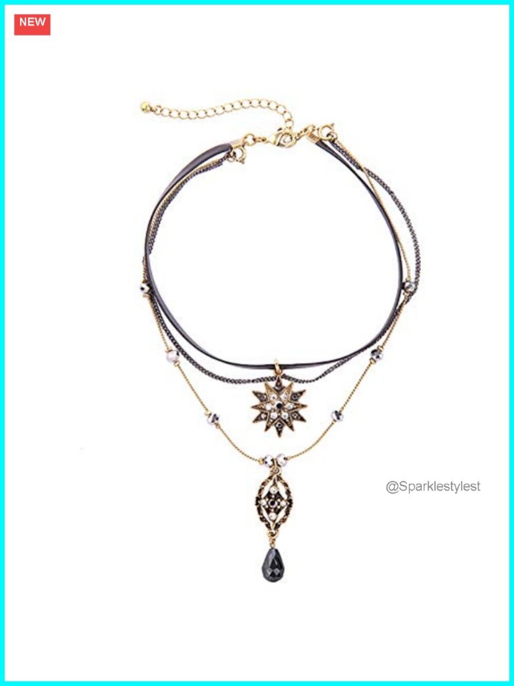 Layered Star Pendant Choker Necklace with Rhinestone Leather Detail